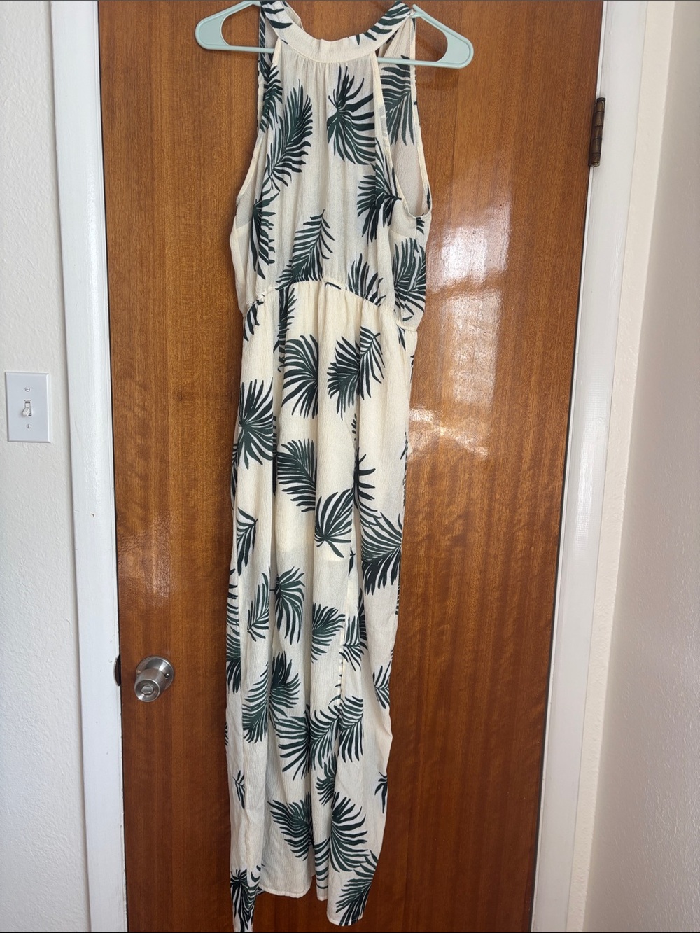 Staccato Cream Maxi Dress with Green Palm Print Halter